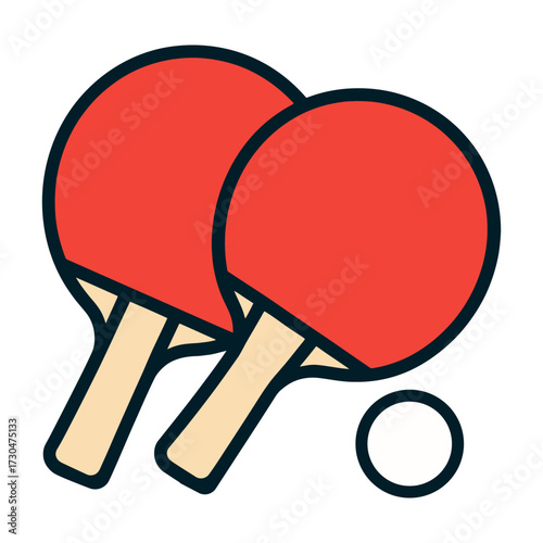 Two red paddles with a white ball in the middle. The paddles are in a circle and the ball is in the center. Vector.