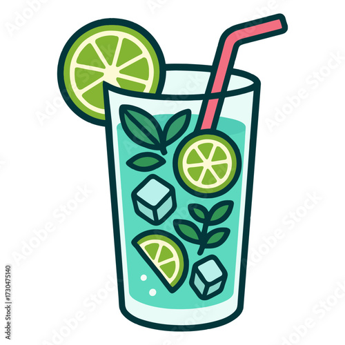 A cartoonish illustration of a glass of a drink with a lime wedge in it. The drink is served in a tall glass with a straw in it. Vector.