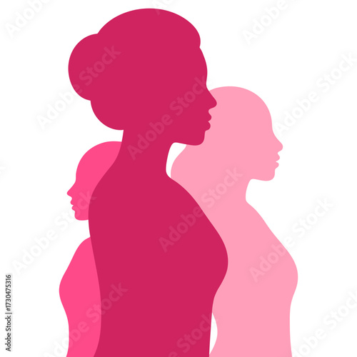 Three women are silhouetted in pink. The women are standing next to each other, with one woman slightly behind the other two. Vector.