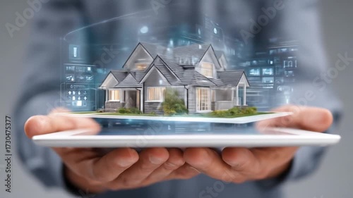 Model home floating above a tablet screen illustrating technology