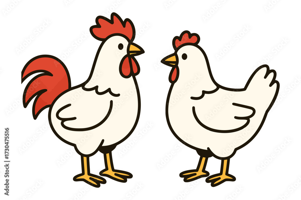 Fototapeta premium Two cartoon chickens standing next to each other. One is white and the other is red. Vector.