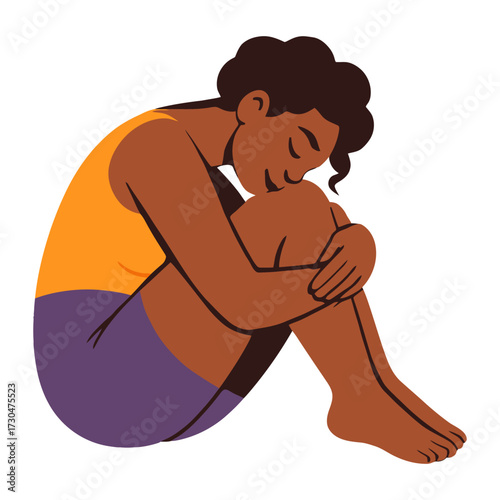 A woman is sitting on the floor with her legs crossed and her arms wrapped around her knees. She is in a relaxed and comfortable position. Vector.