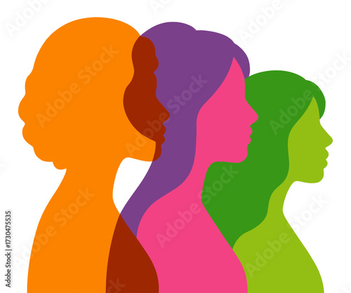 Three women with different hair colors and different skin tones. The women are all wearing the same outfit. Vector.