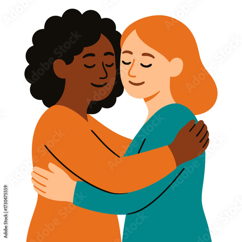 Two women hugging each other. One is black and the other is red. They are both smiling. Vector.