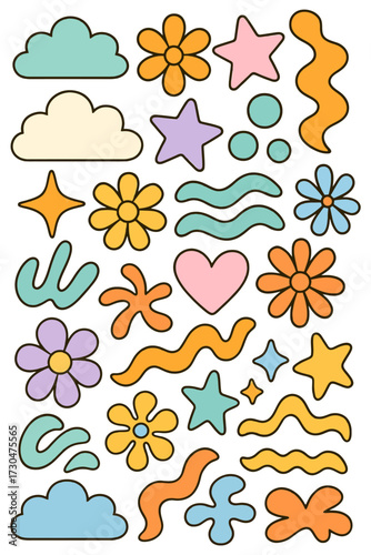 A colorful sticker sheet with various shapes and designs, including flowers, stars, and hearts. Vector.