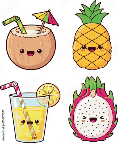 Kawaii Tropical Fruit and Drink Illustrations with Happy Faces