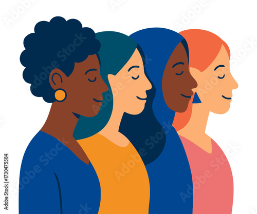 Four women are standing together, each with a different hair color and a different outfit. They all have a smile on their faces. Vector.