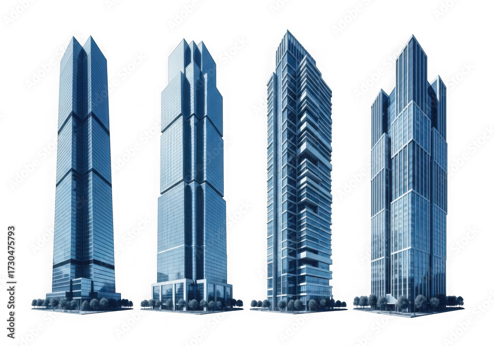 Obraz premium Four futuristic sleek skyscrapers standing tall showcasing modern architectural design and urban development isolated on transparent background