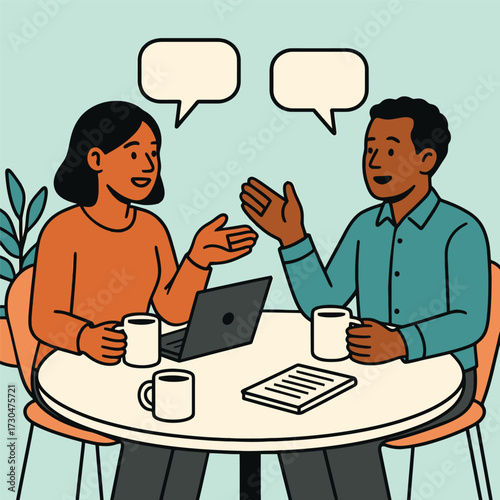 Two people are sitting at a table, talking to each other. One of them is holding a laptop. Vector.