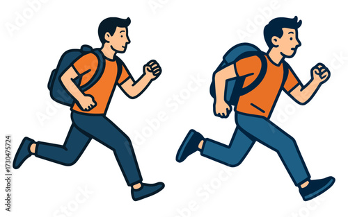Two men are running with backpacks. One is wearing an orange shirt and the other is wearing a blue shirt. Vector.