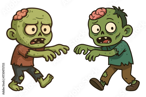 Two zombie children are walking towards each other. One of them is wearing a green shirt. Vector.