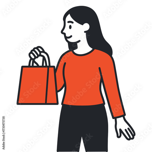 A woman is holding a shopping bag and smiling. Concept of happiness and contentment, as the woman is enjoying her shopping experience. Vector.