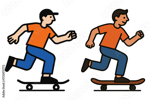 Two men are running on skateboards. One is wearing an orange shirt. The other is wearing a blue shirt. Vector.