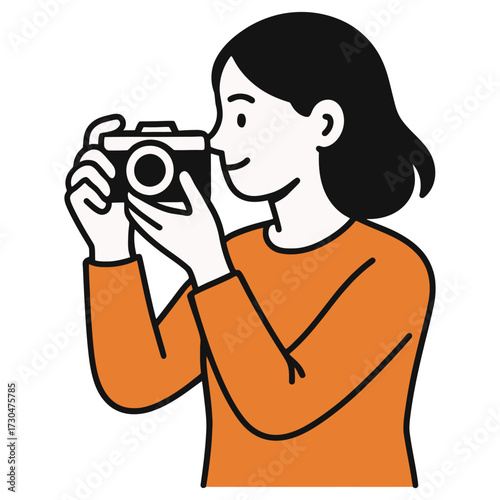 A woman is holding a camera and taking a picture. Concept of curiosity and adventure, as the woman is capturing a moment in time. Vector.