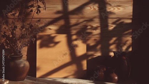 Rustic interior with shadows on wooden wall decorative elements sunlight