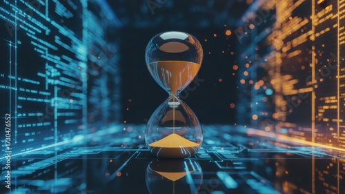 Digital Time’s Passage: An hourglass within a futuristic digital landscape, showcasing the abstract concept of time's flow and the rapid evolution of technology.