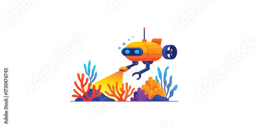 Print   Colorful vector concept of an autonomous underwater exploration robot scanning corals, isolated on white background.