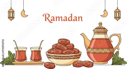 Ramadan Greeting with Dates, Traditional Tea, and Lanterns Illustration