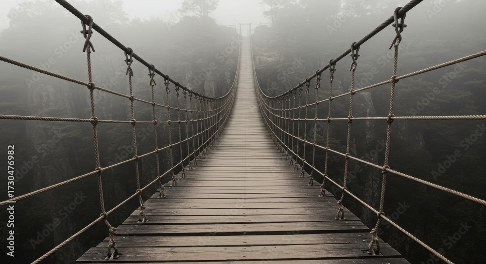 Obraz premium Wooden suspension bridge with rope handrails, viewed from below at the starting point with strong depth perspective