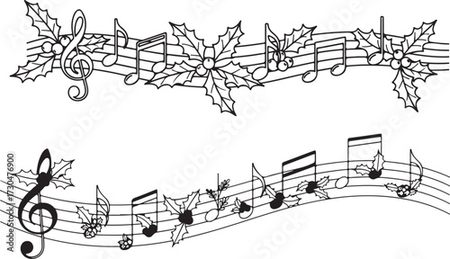 Decorative Christmas Music Staff with Holly Leaves and Musical Notes