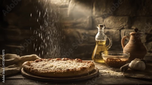 Artistic depiction of baked food with ingredients and stone backdrop