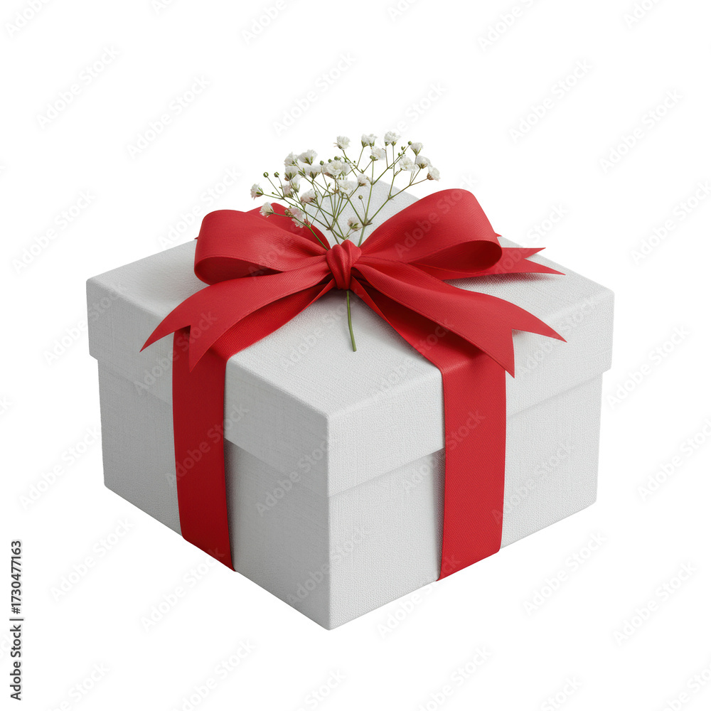 Obraz premium Pristine square gift box, textured white paper, red satin artful bow & baby's breath, isolated on shadowless transparent, 45-degree, commercial product photography concept