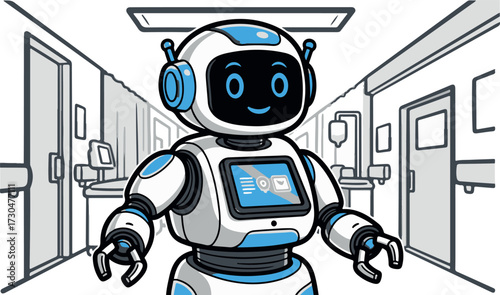 Friendly White and Blue Robot in a Hospital Hallway