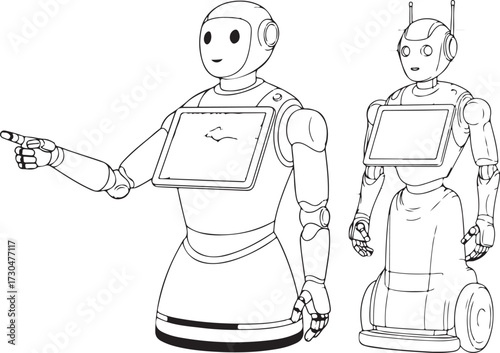 Two Humanoid Robots with Chest Screens, One Pointing, Isolated Line Art Illustration