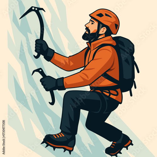 Ice climber ascending a frozen wall with tools in hand, showcasing adventure and determination