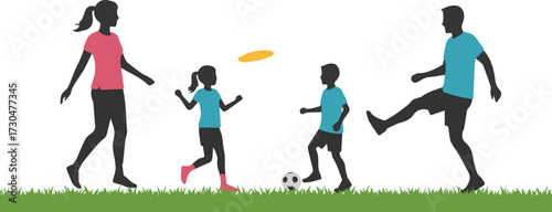 Joyful family enjoys outdoor activities together, playing soccer and tossing a frisbee on a sunny day in the park.