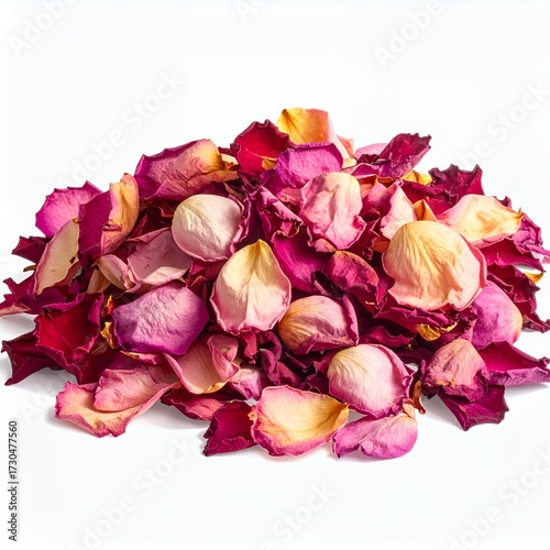 Pile of multicolored dried rose petals with a white background providing high contrast