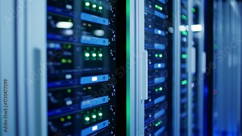 Data Center Servers Racks Modern Technology Infrastructure Network Storage.