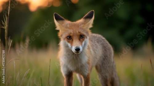 Wild fox in natural habitat foraging for food in grassy meadow