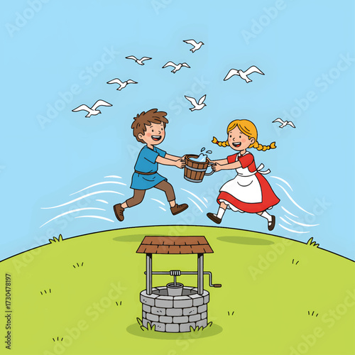 Cheerful vector of Jack and Jill holding a water bucket near a well. A classic nursery rhyme moment for storybooks and educational visuals.