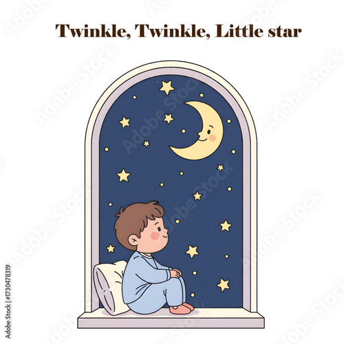 Peaceful vector of child gazing at moon and stars from a window. A dreamy take on “Twinkle Twinkle Little Star,” ideal for bedtime stories and educational designs.