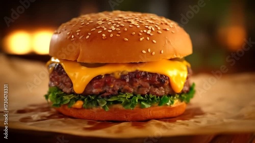 Delicious cheeseburger with sesame seeds and melted cheese on a wooden surface
