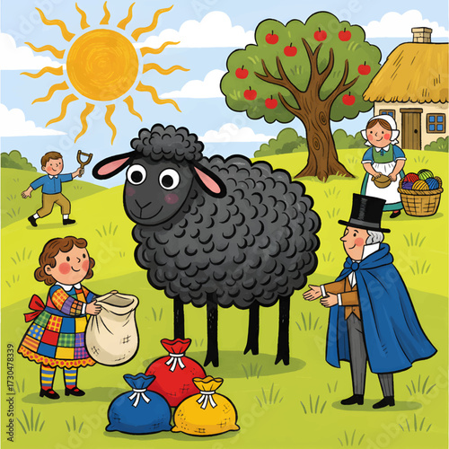 Whimsical vector scene of Baa Baa Black Sheep with villagers, wool sacks, and cottage setting. Ideal for nursery rhyme, storybook, or educational use.