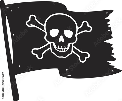 A skull and crossbones black and white pirate flag