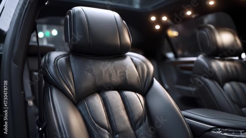 Luxury leather car interior with headrests and ambient lighting detail