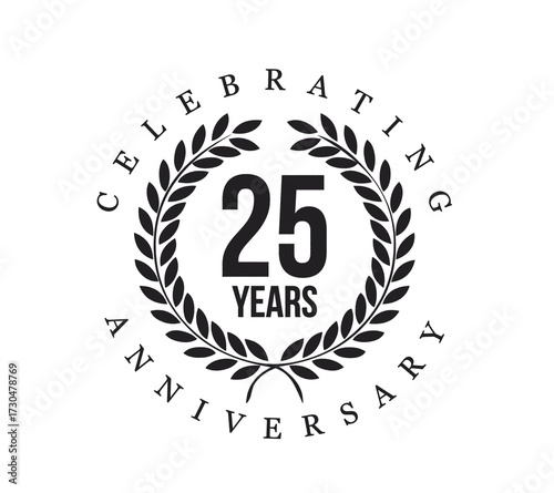A 25th anniversary celebration emblem with laurel wreath design. Elegant black typography highlights the milestone. Perfect for corporate or personal anniversaries.
