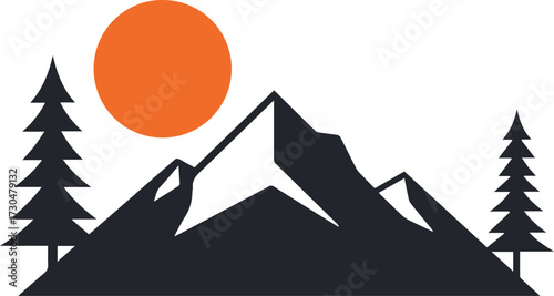 Vibrant orange sun sets behind majestic dark mountain peaks with silhouetted pine trees creating a serene, adventurous landscape scene
