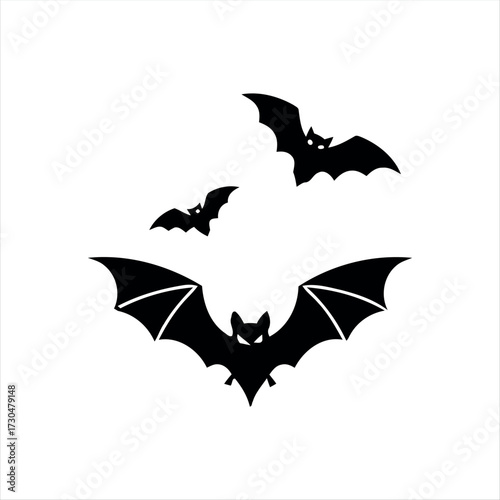 A simple glyph-style Halloween bat icon in solid black with white background, featuring a flying bat silhouette with spread wings, ideal for holiday graphics, spooky themes, and festive branding