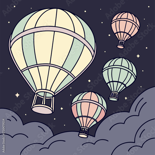 Dreamy hot air balloons floating among the stars and clouds, a whimsical adventure for kids and adults alike, perfect for bedtime stories and travel inspiration