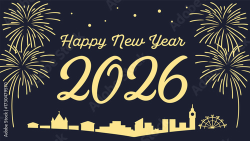 Celebrate New Year 2026 with city skyline and fireworks, a festive and celebratory graphic for greeting cards, invitations, posters, and holiday promotions