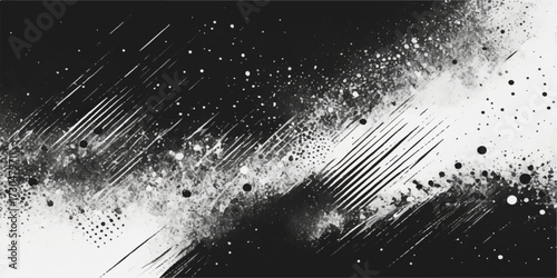 Grunge lines and digital waves of musical notes and light on a black and white circuit board texture with a background of rain drops