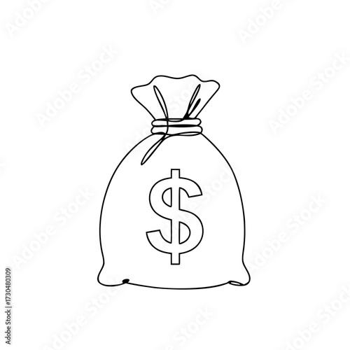 Money bag continuous line drawing, minimalist art style, white background 