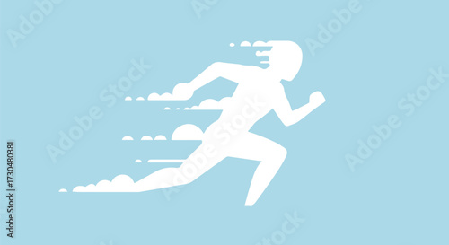 Dynamic runner silhouette streaks across sky with abstract clouds, symbolizing speed, progress, and forward momentum in sports or business