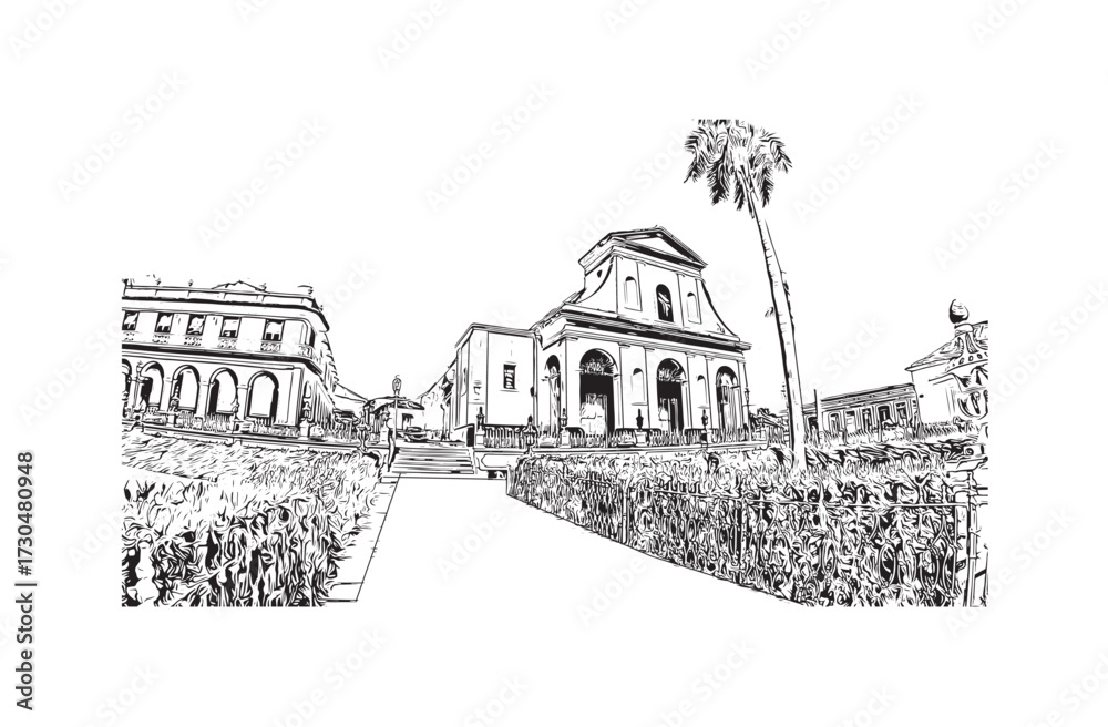 Fototapeta premium Print Building view with landmark of Kosice city. Hand drawn sketch illustration in vector.