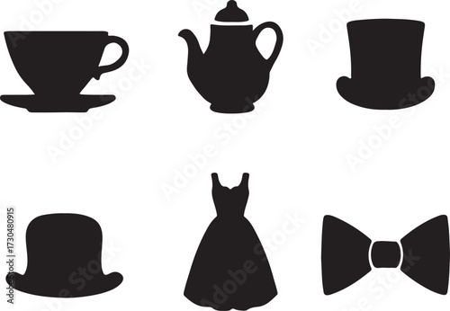 Black silhouettes of vintage tea party and mad hatter items,