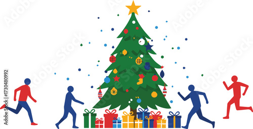 Joyful people running towards a decorated Christmas tree surrounded by colorful gift boxes and festive confetti, celebrating holiday spirit